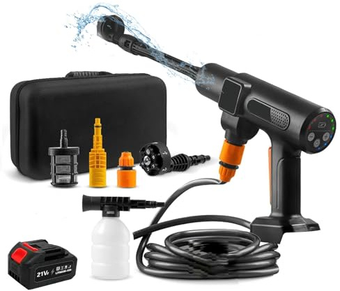 3500 W Limpiador de alta presión inalámbrico, pistola limpiadora de alta presión en la batería, Max 200 bar, con 2 pilas de 15000 mAh, 5 m, 6 en 1, boquilla giratoria para coche, casa, jardín, patio