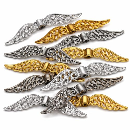 Perlin Engelsflügel Anhänger 30 Stück Metall Flügel Perlen 32 mm Silber Gold Tibet Set Spacer Schmuckanhänger für Schmuckherstellung DIY Armband Halskette