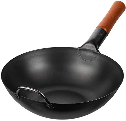YOSUKATA Padella Wok In Acciaio Al Carbonio Da 30 Cm - Pre-Stagionata - Fondo Piatto - Per Friggere, Barbecue, Grill E Campeggio - Pentole Tradizionali Giapponesi Cinesi - Compatibile Con Induzione