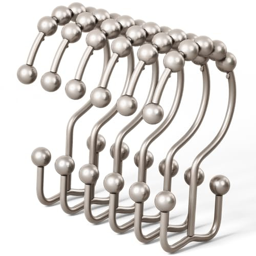 DAWNER Shower Curtain Hooks, Rust Proof Metal Easy Glide Double Rings, Stainless Steel Hangers for Bathroom Curtains, Set of 12, Brushed Nickel