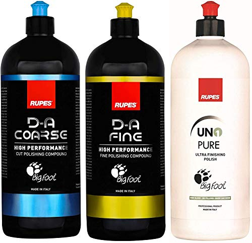 Clean Garage Rupes Combo Kit, botellas de 3 x 1 litro, compuestos de pulido gruesos, finos, ultrafinos, material de lana, compatible con metal, kits de limpieza automotriz