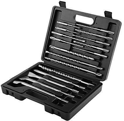 Kit de perforación de 17 piezas, que incluye 13 brocas y 4 cinceles de diferentes tamaños y formas, con caja de almacenamiento, para obras de construcción