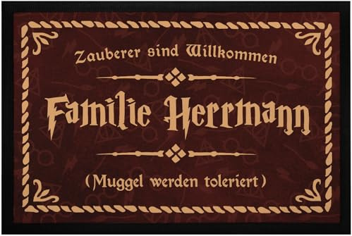 SpecialMe® Fußmatte mit Namen Familie Spruch Zauberer sind Willkommen Muggle Werden toleriert rutschfest & waschbar Weiss 60x40cm