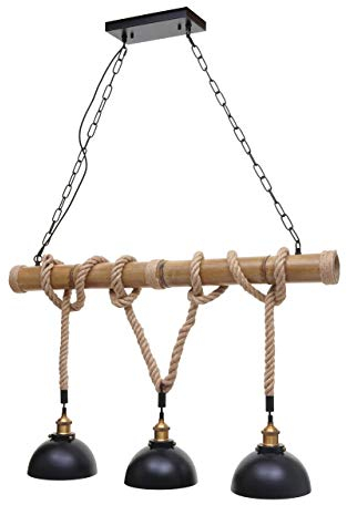 Mendler Pendelleuchte HWC-H82, Hängelampe Hängeleuchte, Industrial Vintage Bambus Seil Metall schwarz - 3x Kuppellampenschirm