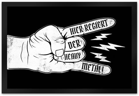speecheese Hier regiert der Heavy Metal Fußmatte XL in 40x60 cm mit Cooler Metalhand für echte Metalheads als Geschenkidee zum Geburtstag Rock Musik Black Heavy