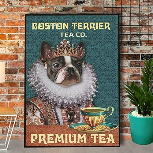 Krouterebs New Tin Sign Boston Terrier Queen Tea Co Premium Tea Metal Tin Sign Rustic Wall Decor Suitable for Home and Kitchen Bar Man Cave Cafe Garage Wall Decor Retro Vintage 8x6 Inch