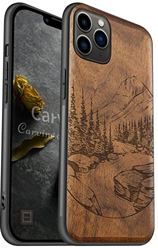 Carveit Coque Compatible avec iPhone 11 Pro Max Étui en Bois [Etui en Bois Rigide Antichoc avec Cadre en TPU] Téléphone Étui pour 11 Pro Max CoqueProtection (Noyer-Paysage Naturel Sauvage)