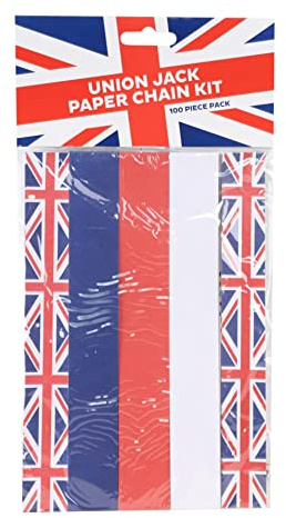 100Pk Union Jack Paper Chains - British Party Kings Coronation Celebrations Supplies Decorations Red White Blue British Flag Self Adhesive Strips
