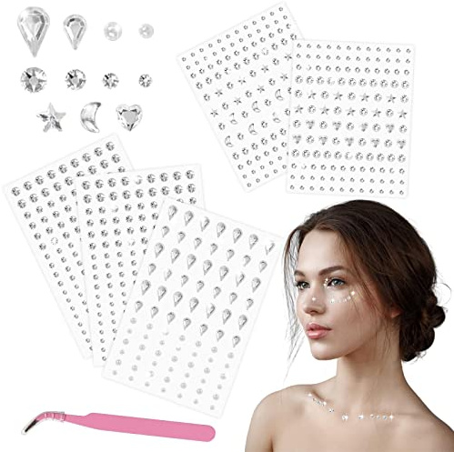 Annhao Self-Adhesive Glitter Stones, 668 Stück Glitzersteine Selbstklebend Kristall Aufkleber mit Pinzette für Augen Gesicht Urlaubszubehör Und Nail-Art-Dekorationen (Mehrere Formen)
