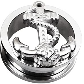 BlackAmazement 316L Edelstahl Ohr Flesh Tunnel Plug Inlay Piercing Anker Rope Marine Seefahrer 08mm - 20mm silber Damen Herren