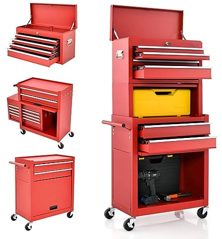 TANGZON Lockable Tool Cabinet, Rolling Tool Chest Combo with Wheels, Drawers, Hooks & Side Handle, Detachable Garage Workshop Tool Cart Trolley (with Middle Compartment, Red)