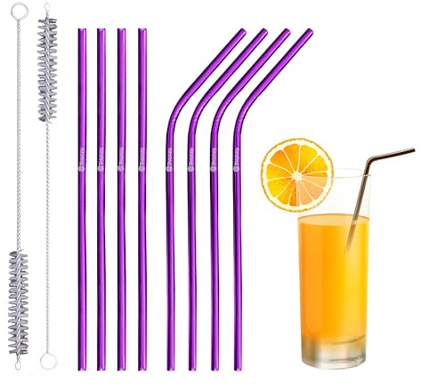 Set di 10 cannucce riutilizzabili in metallo, 216 mm, ecologiche, in acciaio inox, per cocktail, frappè, bevande fredde/calde (4 dritte + 4 piegate + 2 detergenti), senza BPA (viola)