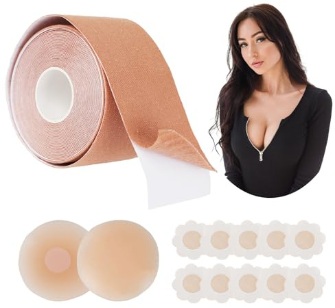 Texliney Nastro Adesivo Seno, Set di Nastro Reggiseno Adesivo per Push up, Adatto per A-G, con 1 Nastro Seno, 5 Petali di Seno in Raso, 2 Copricapezzoli in Silicone Invisibile