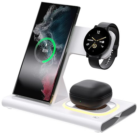 4 in 1 Fast Wireless Charger for Samsung Charging Station Android Phone Multiple Devices LED Light Dock Charger Stand for Samsung Galaxy S25 S24 S23 S22 Z Flod 7/6 watch 8/7 earbuds (White)