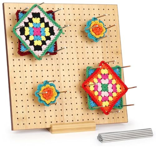 Reessy Crochet Blocking Board and Pins, 11 inch Blocking Board for Crochet, Wooden Granny Square Blocking Board for Crocheting & Knitting Projects