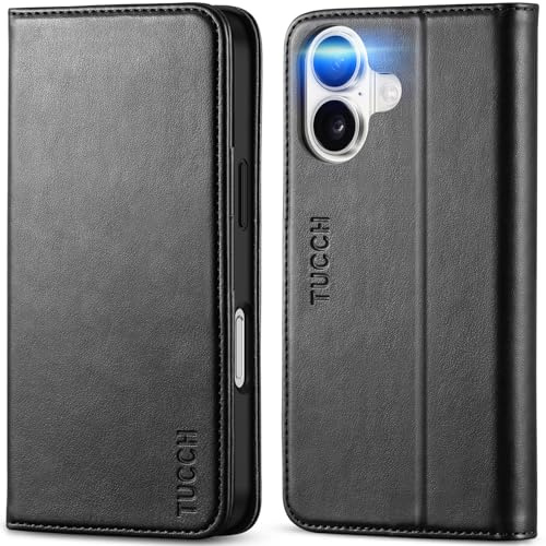 TUCCH Hülle für iPhone 16 2024 (6,1 Zoll) Handyhülle, Schwarz | RFID Blocker, TPU, Kartenfächer, Schutzhülle, Ständer, Stoßfeste Klapphülle, Bookcase Kompatibel mit iPhone 16 5G