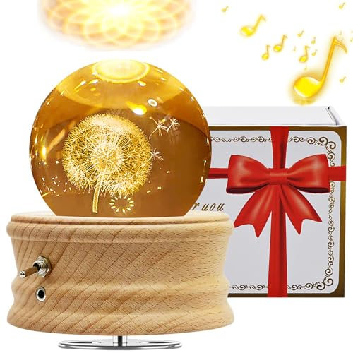 Boîte à Musique Boule de Cristal 3D, Boîte à Musique Rotative Éclairée à 360° avec Projection de Lumière et Support en Bois, Cadeau pour Enfants, Femme et Mère(Pissenlit)