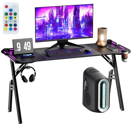 Aufun Scrivania da gioco Bureau Gaming Table Gaming con LED per computer, tavolo da gioco, 140 x 50 cm, stabile scrivania in PC con rivestimento in fibra di carbonio, tavolo da gioco ergonomico