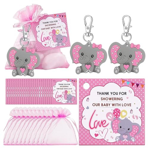 40 juegos de recuerdos de baby shower para niñas y niños, regalos de regreso, incluyendo llaveros de elefante, bolsas con cordón, tarjetas de agradecimiento, decoraciones de baby shower para fiesta