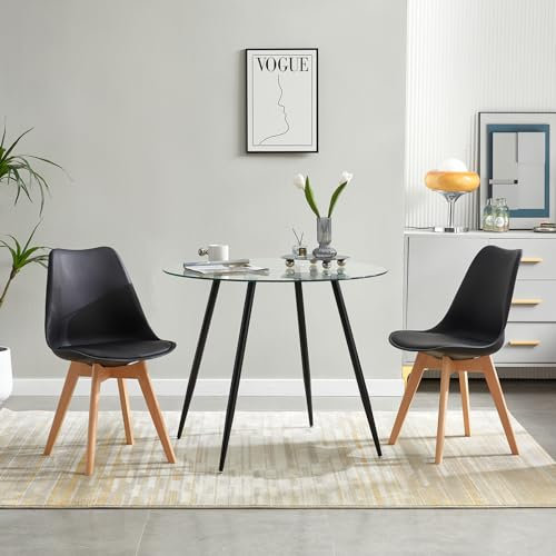 FUNITABLE Essgruppen Esstisch mit 2 Stühlen Esszimmergruppe, 80cm Runder Glastisch und 2er Set Esszimmerstühle Tischgruppe für Esszimmer, Küchen und Büros (Transparenter Tisch + 2 Schwarze Stühle)