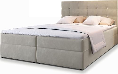Masseno Boxspringbett GLOS 180x200 cm Komplett-Set mit Matratze und Topper, Polsterbett mit Zwei Bettkästen -Beige, Cosmic 10