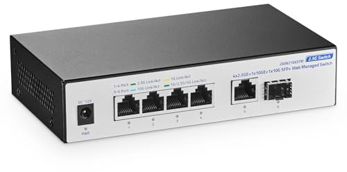 YuLinca 10G Web Managed Switch, 4x2.5G RJ45 + 10G RJ45 + 10G SFP Ports, LACP/VLAN/QoS, Fanless Metal, pour NAS/Gaming/8K Streaming