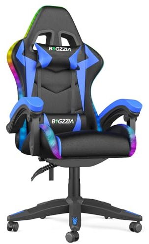 Racingreat LED Gaming Stuhl mit RGB-Lichtleiste (Blau) | Gaming Chair RGB, Kopfstütze Lendenwirbelstütze, Höhenverstellbar 90°–135° Neigungswinkel, Junge Erwachsene Büro Pause