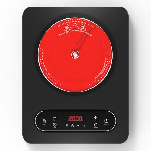 VBGK Glaskeramikkochfeld 1 Platten, 220V 2000W Kochplatten Herdplatte mit LED-Touch-Steuerung, 10 Leistungsstufen, 4-Stunden-Timer, Sicherheitsschloss, tragbares Kochfeld, Überhitzungsschutz