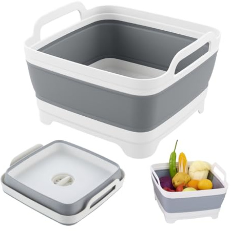 Genérico Fregadero Plegable para Camping | Accesorios Camping - Barreño Plegable Capacidad para 9 litros | Medidas 31.5 x 31.5 x 20/7 cm | Plástico y Goma TPR con tapón Drenaje