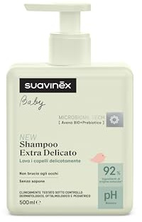 Suavinex, Shampoo Exrta Delicato per Bambini +0 M e Neonati, Non Brucia gli Occhi, Senza Lacrime, No Sapone, Adatto a Pelli Sensibili, 92% Ingredienti di Origine Naturale, con Prebiotici, 500 ml