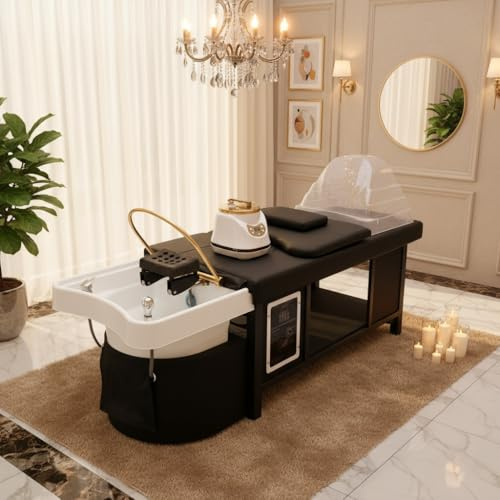 Head Spa Lit de shampooing avec tête de fumigation Thérapie Table de massage Support de circulation de l'eau Équipement de spa pour spa, barbier salon de beauté, noir