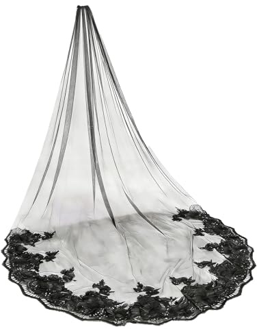 FakeFace Halloween Schwarz Schleier Lange Tüll Schleier 4 Meter Spitze Witwenschleier für Hochzeiten, Fotografie und Halloween Kostüme, Gothic Haarschmuck Brautschleier Hexenkostüm für Frauen