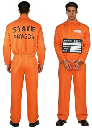 SilverChry Fängelsedräkt för män, kvinnor, fängelsedräkt, orange fängelsedräkt, set med handbojor, namnskylt och tatueringar, perfekt för karneval och halloween
