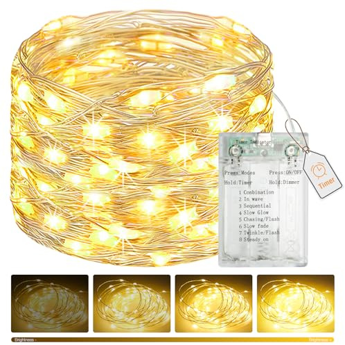btfarm 1 x 5M 50LED Lichterkette Batterie mit Timer, Lichterketten Innen | Dimmbar 8 Modi, Wasserdicht Draht Mini Lichterkette Batteriebetrieben USB-Anschluss für Weihnachten Party Zimmer, Warmweiß