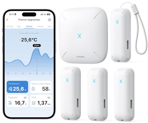 X-SENSE WLAN Hygrometer-Thermometer mit SBS50-Basisstation, Smart Temperatursensor für Innenraum-Temperatur & Luftfeuchtigkeit, App-Benachrichtigungen, 4 Sensoren & 1 Basisstation，STH0B41 | Smart Temperatursensor für Innenraum-Temperatur & Luftfeuchtigkeit, App-Benachrichtigungen,Taupunkt/VPD, 4 Sensoren und SBS50