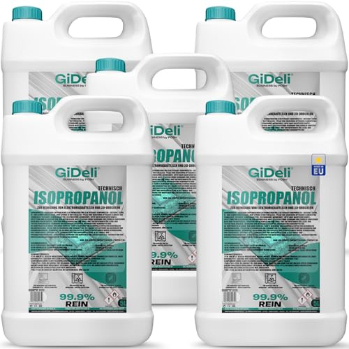 GiDeli Isopropanol Teknisk 5 x 5 l – isopropylalkohol 99,9 % – Rengöring av elektroniska komponenter och 3D-skrivartillbehör