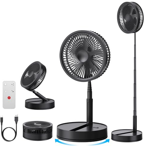 Ventilateur sur Pied Portable Silencieux, 8.6'' Noir Ventilateurs avec Télécommande, 4 Vitesses/Timer - Oscillant Fan pour Sol/Table Basse, 8000mAh USB Rechargeable Pliable Fans pour Bureau Chambre