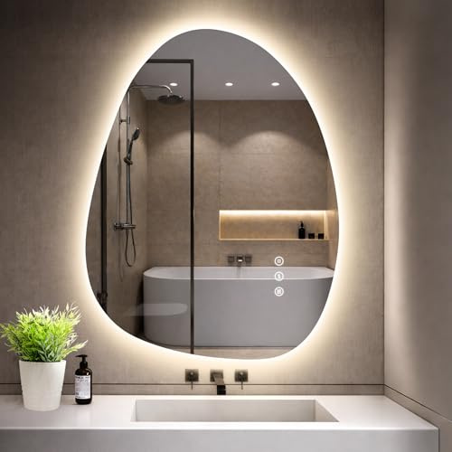 GIMBELEN Asymmetrisk badrumsspegel med belysning 65 × 50 cm, anti-dimning, 3 ljusfärger, dimbar, IP44 vattentät, LED-spegelbadrum med touch-brytare, minnesfunktion horisontell/vertikal montering