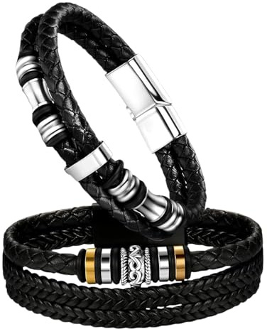 BKEPDY Bracciale Uomo in Pelle Intrecciata con Chiusura Magnetica Corda Intrecciata a Mano Regolabile Gioiello Regalo per Ragazzo Marito Figlio Papà