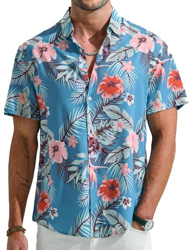 Glintfrolg Hawaii, camicia estiva da uomo, a maniche corte, con bottoni, casual, per il tempo libero, per le vacanze, con fiori, vestibilità regolare, Fiori blu vintage, XL