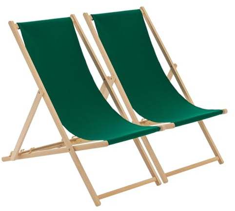 Harbour Housewares Folding Wooden Deck Chairs – Green – Pack of 2 – Adults Traditional Foldable Reclining Outdoor Canvas Sun Lounger Chair Seat for Garden Patio, Beach, Camping