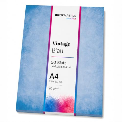 50 Blatt Briefpapier (A4) | Vintage Retro blau | Motivpapier edel | Retro marmoriert blaues Design Papier | beidseitig bedruckt | Marmor Bastelpapier | 90 g/m²