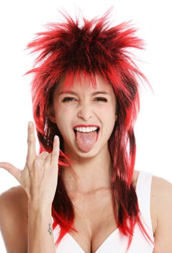 WIG ME UP - DH1069-P103TPC13 Perücke Fasching Karneval Punk Vokuhila Rocker wild 80s Wave toupiert lang schwarz rot