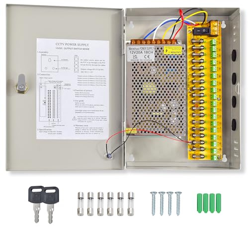 12V 20A 240W 18 Channel DC CCTV Power Supply Box for CCTV Camera & DVR, Wired Indoor Security Power Supply with Overload/Short Circuit Protection, Wall Mount
