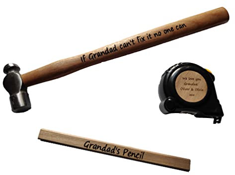 Personalised Laser Engraved Hammer + Measuring tape + Pencil tool set