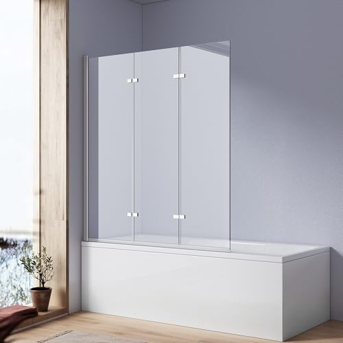 Heilmetz Duschwand für Badewanne 130x140 cm, 3-teilig 180° faltbar, Chrom | 6 mm ESG Glas, 4 mm Hebe-Senk-Funktion, für 1290-1300 mm Einbaumaß, einfacher Reinigung