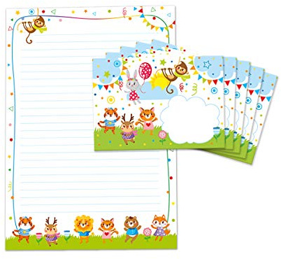 Briefblock mit Umschlag für Kinder Tiere Briefpapier-Set (Block A4 mit 25 Blätter + 15 Umschläge)