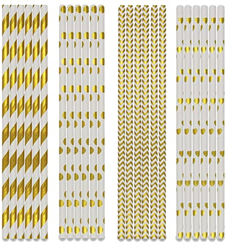 Papierstrohhalme Trinkhalm, Biodegradable Paper Straws,Cocktail Kreative Dekoration Strohhalme, Wiederverwendbar, für Hochzeit, Geburtstag, Smoothies, Cocktail, Heißgetränk(Gold-Weiß,200 Stück)