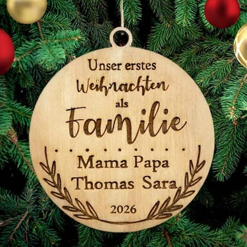 Personalisierte Unser Erstes Weihnachten als Familie mit Namen Christbaumschmuck mit Namen Weihnachtsdeko aus Holz Weihnachtsbaum Weihnachtsdekoration Ornament Weihnachtsbaumschmuck