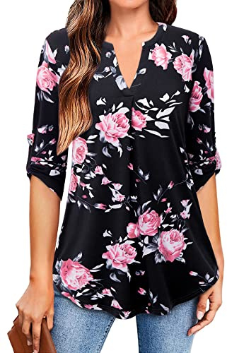 Siddhe Damen V-Ausschnitt Bluse 3/4 Ärmel Oberteile Tunika Tops Locker Longshirt Lässige T-Shirt Langarm Hemd